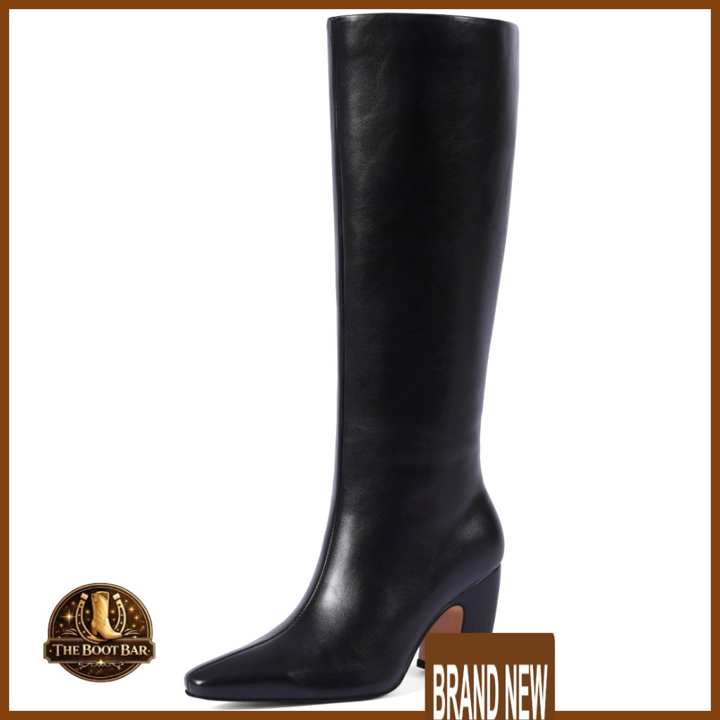 Knee High Square Toe Boots, Stretch Faux Leather, Chunky Heel, Riding Style